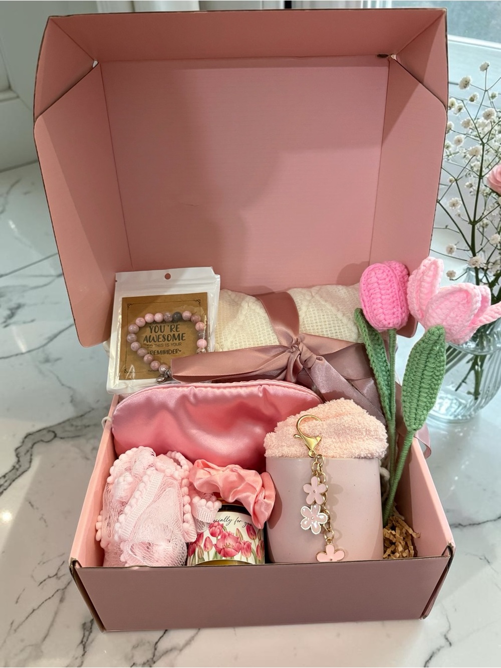 Pink Self Care Gift Box Spa Basket Cozy Blanket & Tulips